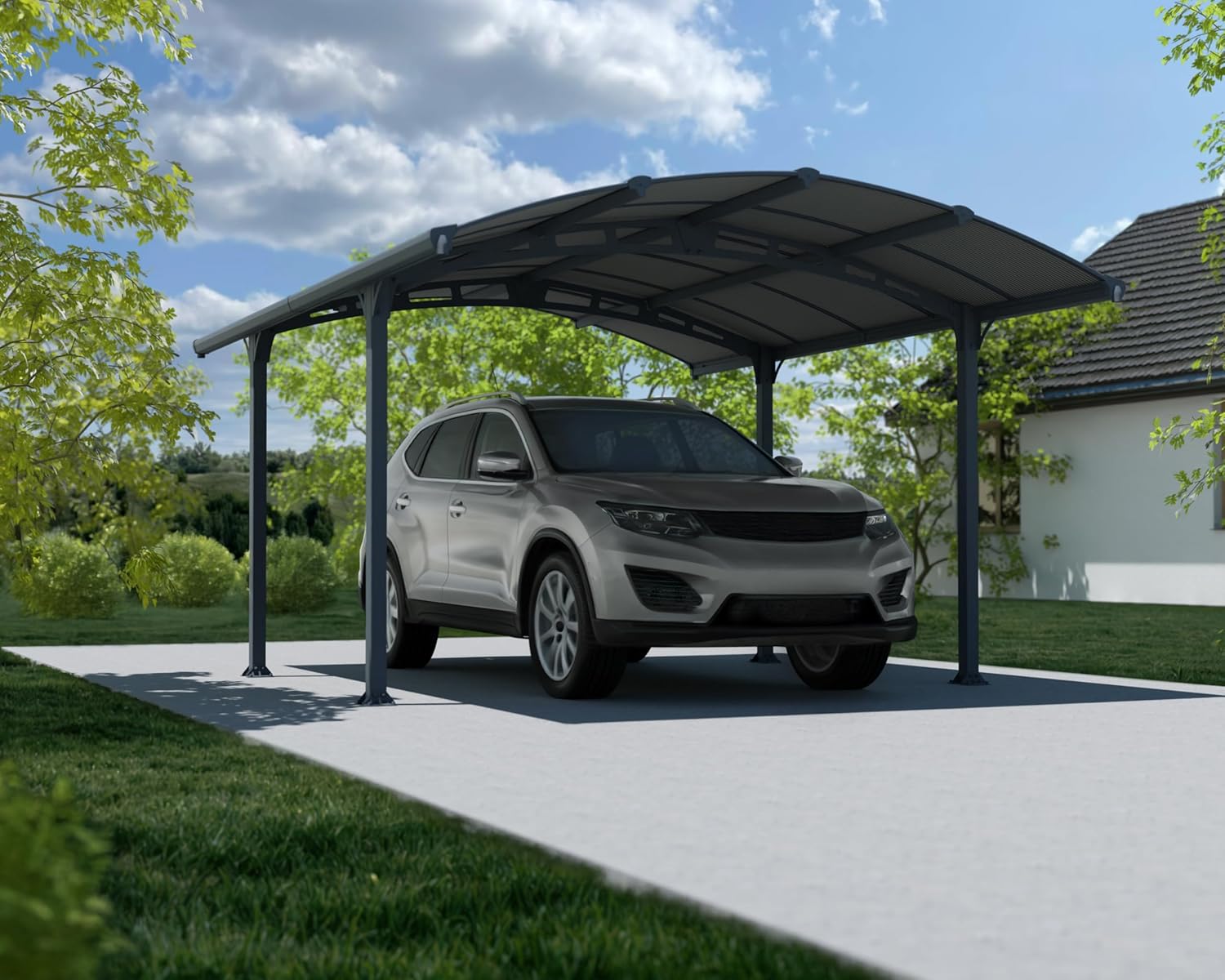 Palram Arcadia 4300 Carport Aluminium & Verzinkter Stahl 4,3x3,5m, Überdachung, Autogarage, Autounterstand, Einfache Montage, Carport Bausatz, 10 Jahre Garantie, Anthrazit Inkl. Regenrinne