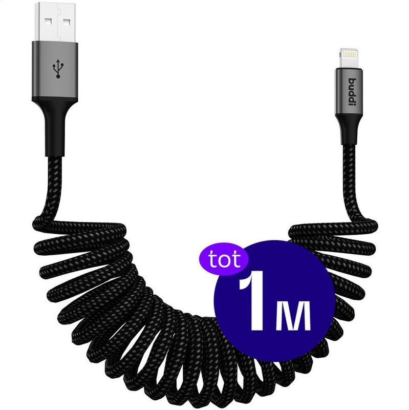 Buddi - Flex - USB-A naar Lightning Krulsnoer Kabel - Zwart - 12W Fast Charge 1M