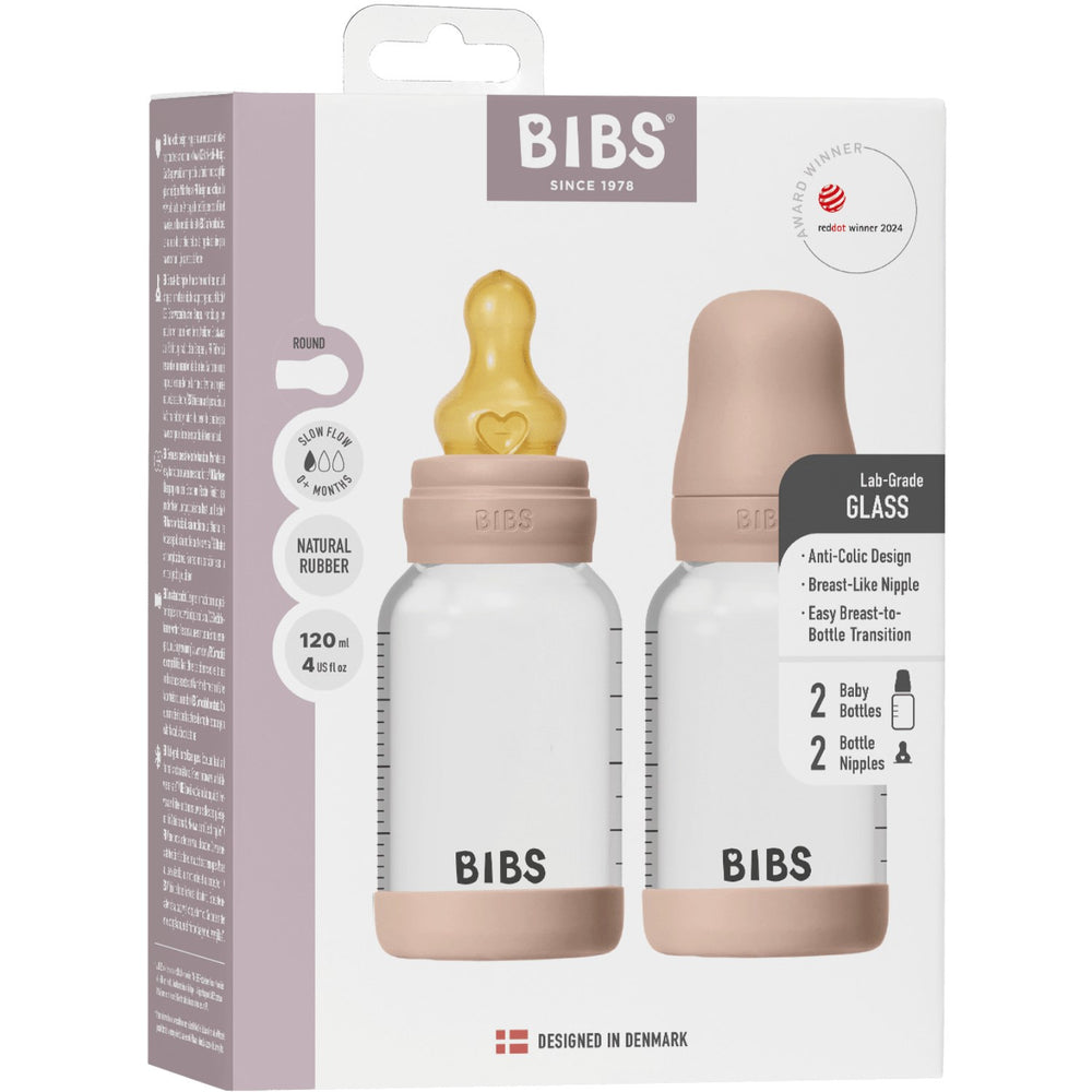 Køb Bibs Blush Glass Baby Flaske Round Latex 2-Pak 120 Ml Slow Flow