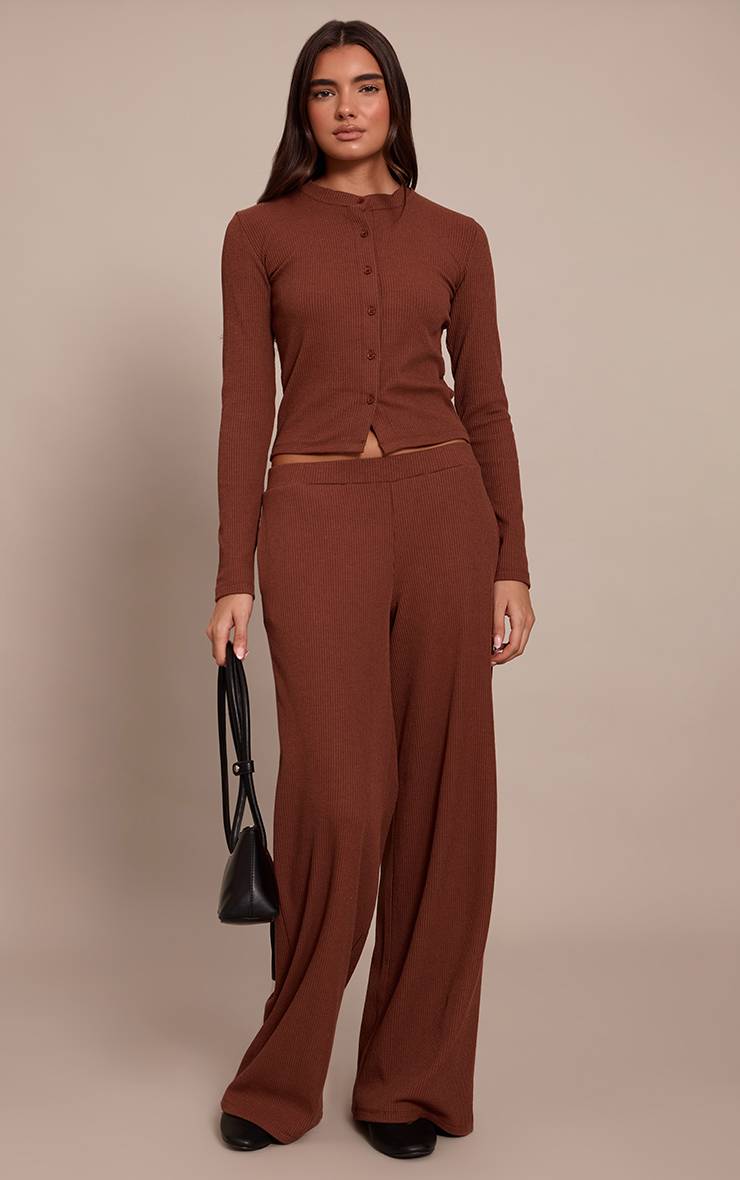 Chocolat Ensemble Coordonné Cardigan Ajusté Côtelé À Manches Longues Et Boutons