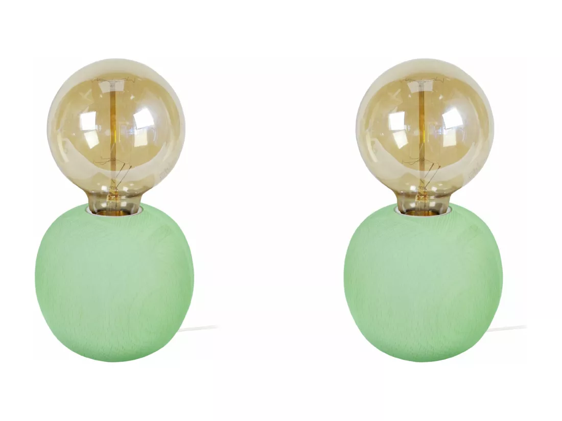 Pair de Lampes de chevet globe bois vert 21 cm.