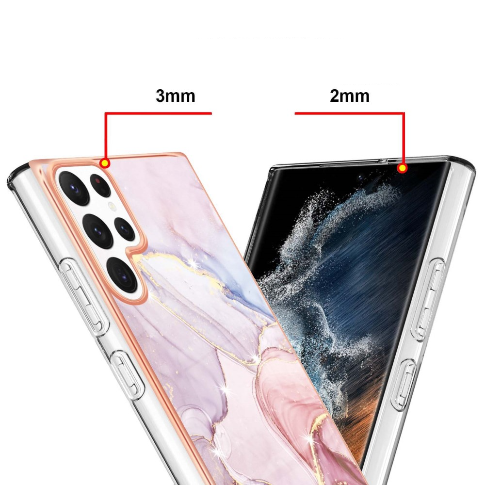 Samsung Galaxy S23 Ultra 5G Gummi Case Hülle Galvanisierter Rahmen Marble Marmor Design - Rosa / Roségold
