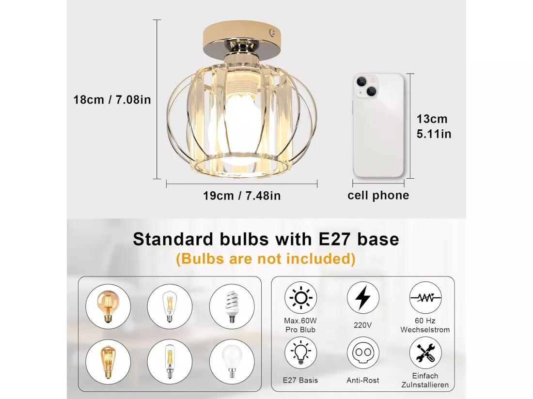 Mini Plafonnier Cristal Moderne E27 - Luminaire pour Couloir, Chambre, Cuisine, Porche - 19x18cm Chromé