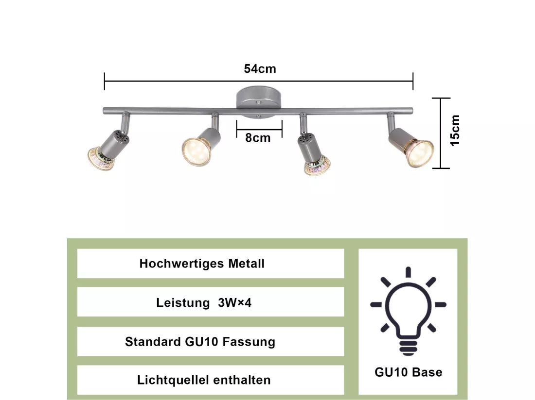 NETTLIFE Spot de plafond 4 flammes GU10 Plafonnier moderne couloir ampoule incluse orientable 350°