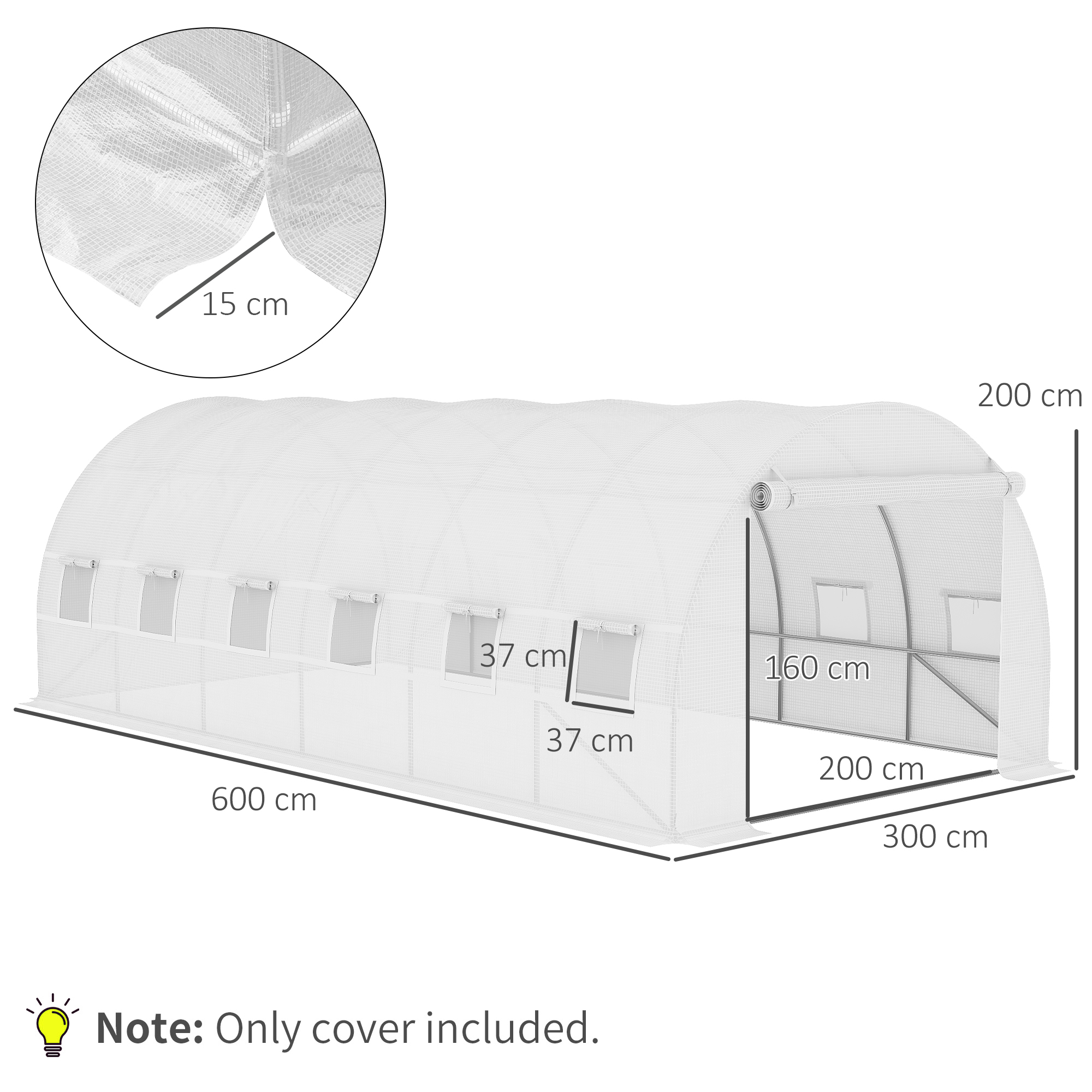 Cobertura de substituição para estufa túnel Outsunny 6x3x2 m em polietileno com 12 janelas e porta de enrolar, proteção para plantas de jardim, branca.