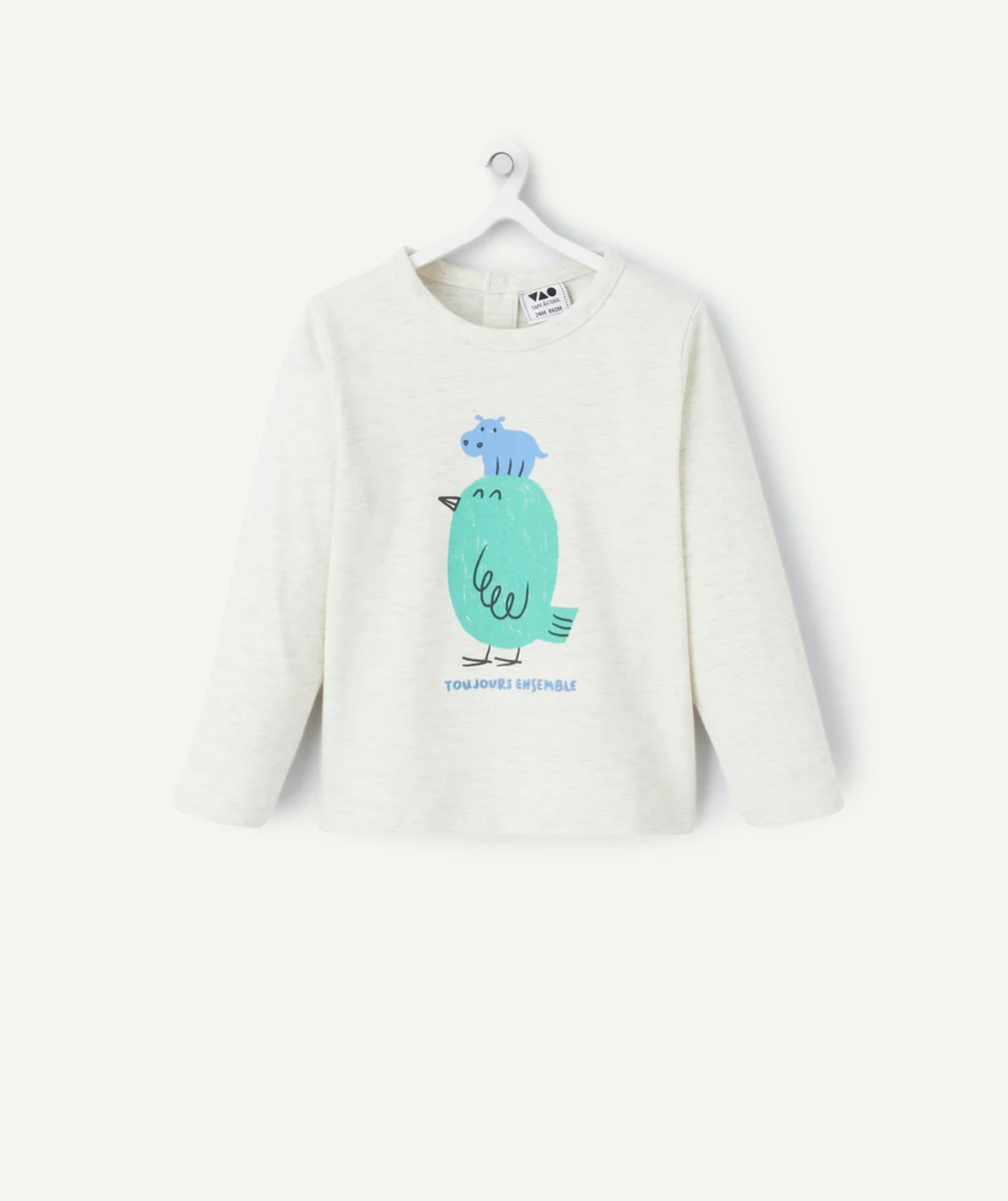 T-SHIRT BÉBÉ GARÇON EN COTON BIO ÉCRU CHINÉ AVEC POUSSIN VERT