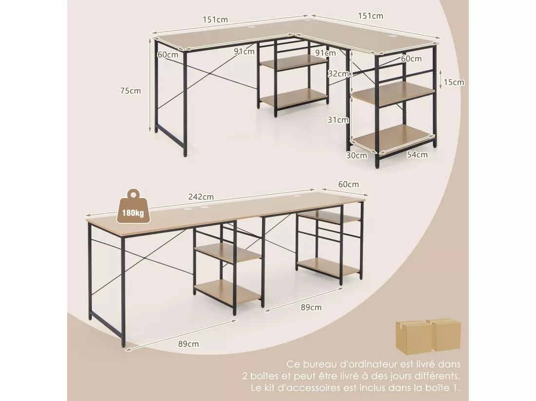 Bureau d'ordinateur en Forme de L, Bureau d'angle Convertible de 151cm 4 Étagères de Rangement Support CPU, 2 Façons d’Assembler, Charge 180 kg pour Bureau à Domicile (Naturel)