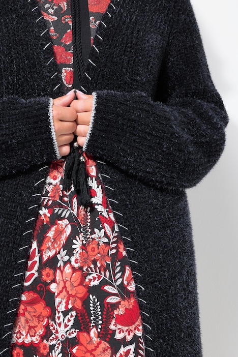 Strickjacke, extra lang, Ausschnitt mit Zierstich