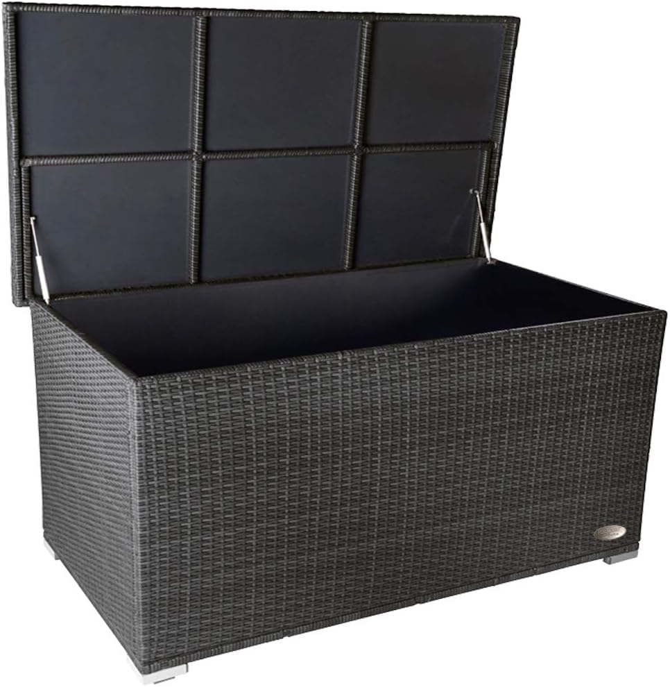 RS Trade® 950 L Poly Rattan Auflagenbox Aufbewahrungsbox Kissenbox wetterfest und wasserdicht 146 x 83 x 80 cm, mit verstärktem Deckel und Gasdruckfedern, auch als Tischplatte geeignet; Silber