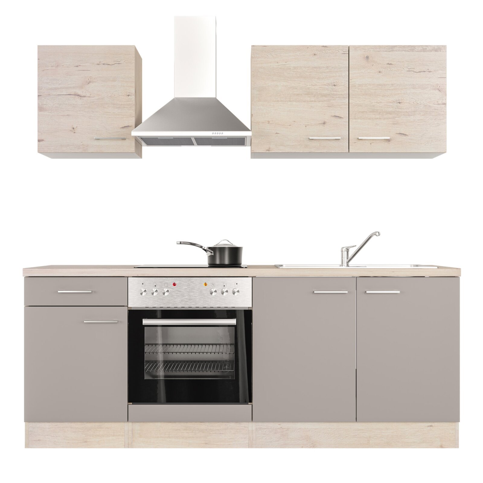 Küchenblock RIVA - Quarz Cubanit - San Remo Eiche hell - mit E-Geräten - 210 cm
