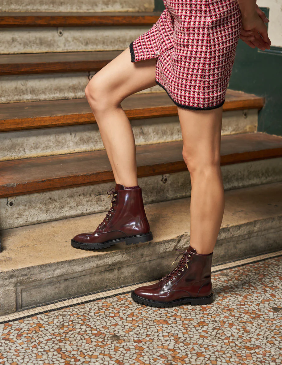 Bottines à lacets Alix - Cuir box bordeaux
