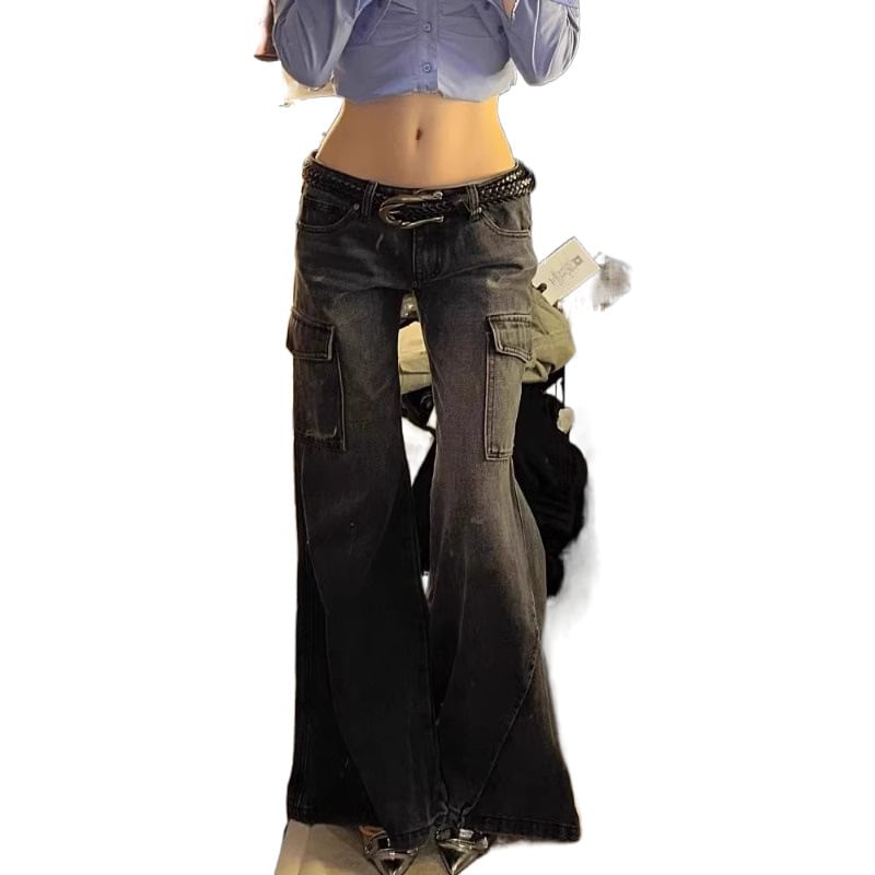 Vhancy - Low Waist Washed Baggy Cargo Jeans