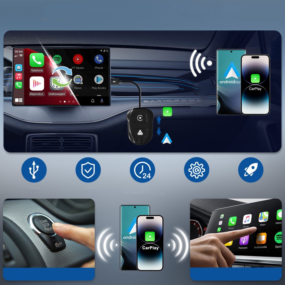 Bluetooth Android Auto / Apple Carplay KFZ USB A Adapter mit USB C Aufsatz für Android / iOS Smartphones (Google Assistant / Siri) - Schwarz