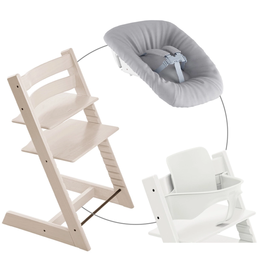 STOKKE® Mega Tripp Trapp® Set Hochstuhl Buche Whitewash inkl. Newborn Set™ Grey und Baby Set weiß