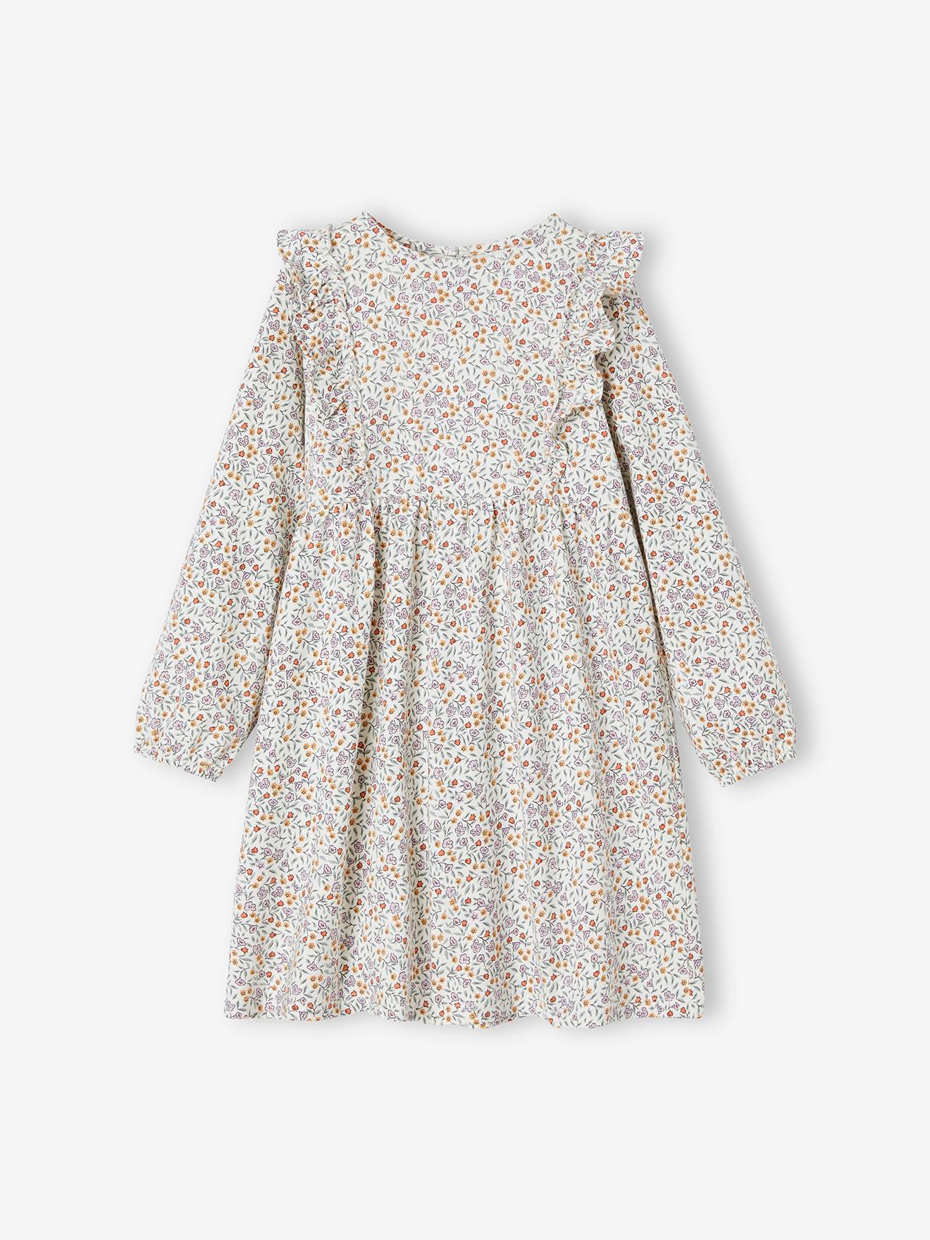 Vestido off-white com estampa floral e mangas com babados para meninas.