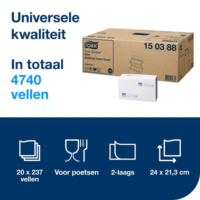 Tork 150388 Xpress Multifold Handdoek blauw 2 laags, 21x24 cm a 4740 st (150388)
