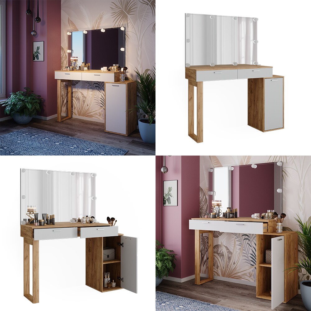 Vicco Schminktisch Regina Eiche Weiß 130 cm mit Spiegel und Beleuchtung