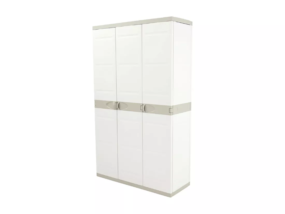 Armoire meuble de rangement 3 portes intérieur/extérieur coloris beige - L. 105 x P. 40,5 x H. 176 cm