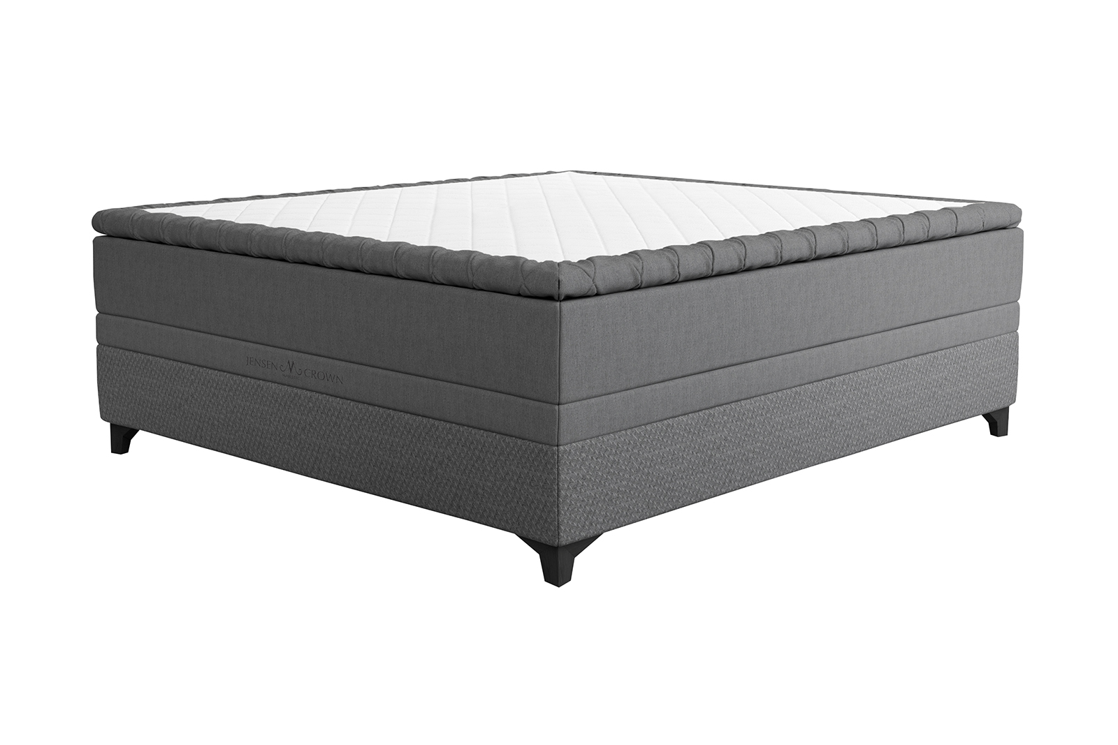 Majestic Crown kontinentalseng Tekstil 015/016 grå. 210x210 cm med Majestic overmadrass og Exact funksjon. Medium/Fast. Eicon ben sort. Uten hodegavl