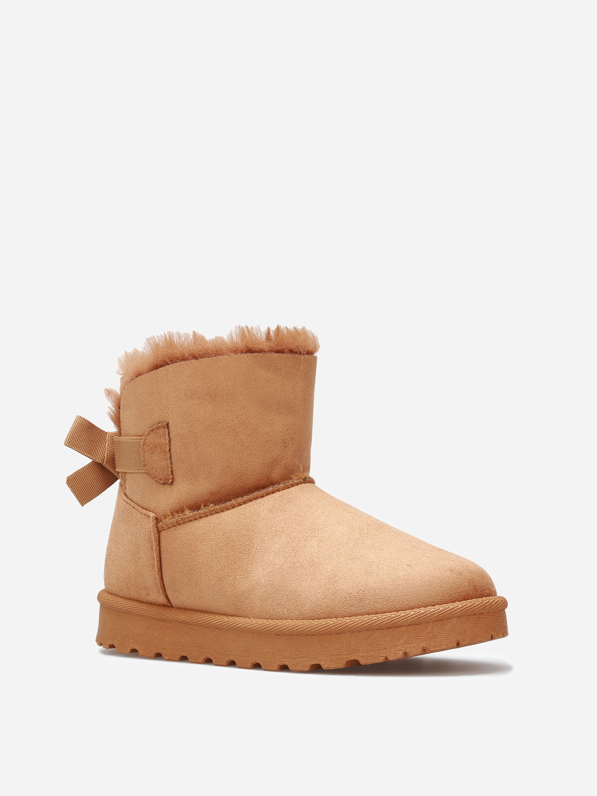 Boots en suédine fourrées à ruban noué- Camel