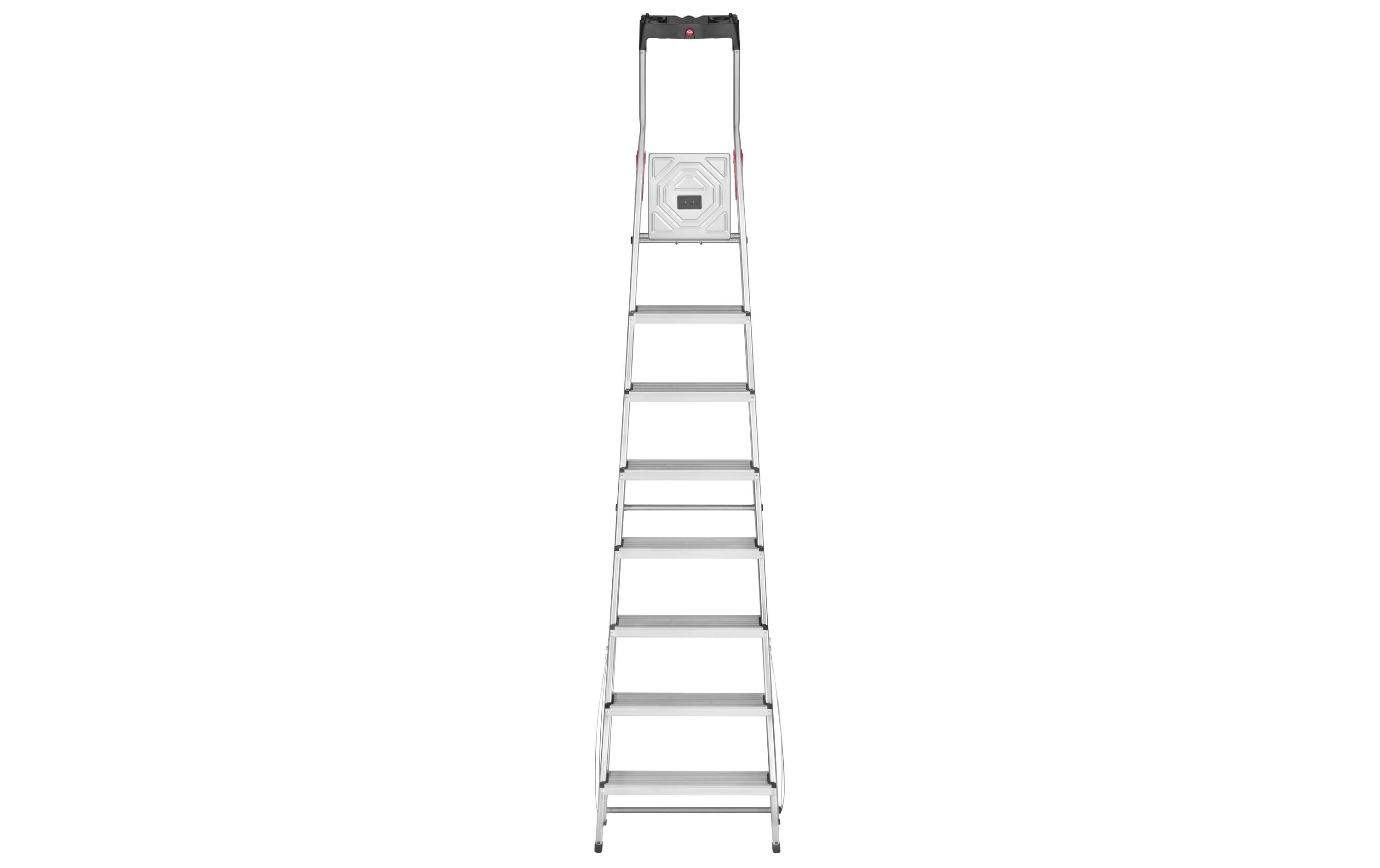 Bockleiter L60, Alu, mit Arbeitsschale 8 Stufen<br>Alu Haushaltsleiter L60 8 Stufen, mit Arbeitsschale