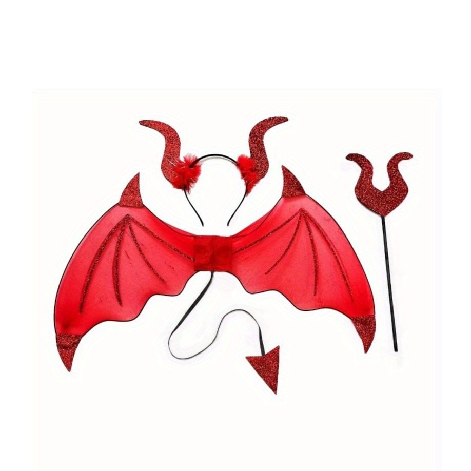 (3-tlg. Set) Fasnachts Kostüm Teufel Verkleidung für Motto Partys / Halloween inkl. Hörner Haarreif / Teufelsgabel / Flügel - Rot