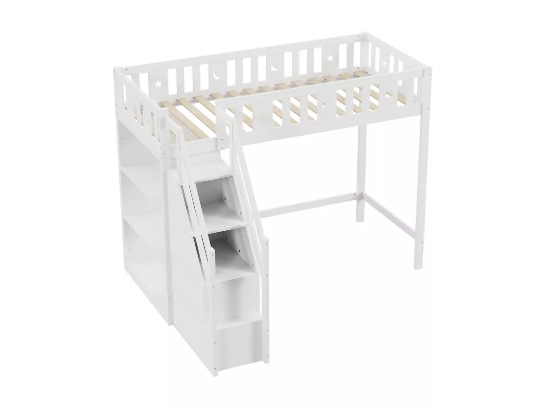 Lit mezzanine 90 x 200 cm avec échelle de rangement et étagères - Bois de pin et MDF - Blanc