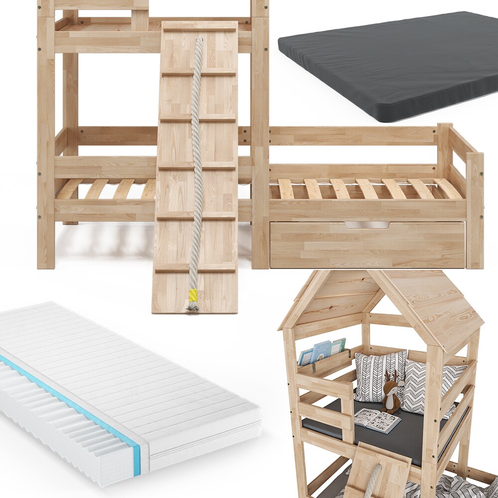 VitaliSpa Spielturmbett Kinderbett Spielbett Teddy Natur modern 208x235 cm Massivholz Kinderzimmer Lattenrost Bett Schublade Matratze Abenteuerbett Kletterbett
