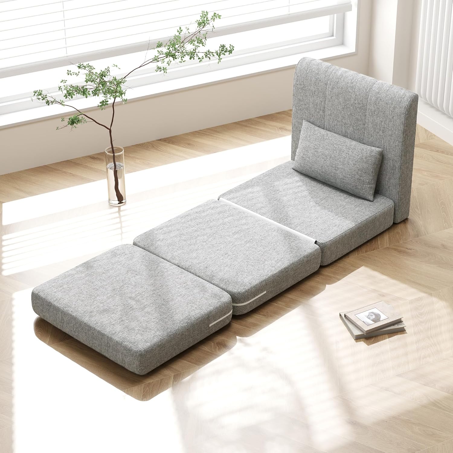 HOMCOM 2 in 1 Schlafsessel klappbar Schlafsofa mit Bettfunktion Leinenoptik, Gepolstert Gästebett Klappsessel Klappmatratze Bodensessel für Wohnzimmer Schlafzimmer 80x75x74cm Grau