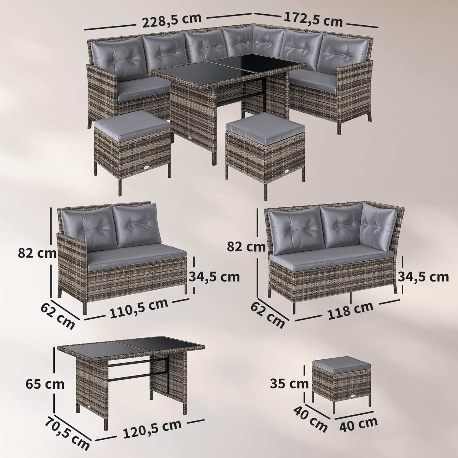 Outsunny 6 TLG. Sitzgarnitur Sitzgruppe Gartenset Sofagarnitur Gartenmöbel Set Lounge, Polyrattan, Grau