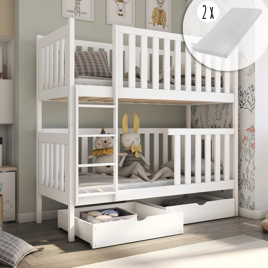 Kids Collective Hochbett 80x180 | 90x200 Etagenbett umbaubar in 2 Einzelbetten, Schubladen weiß mit 2 Matratzen