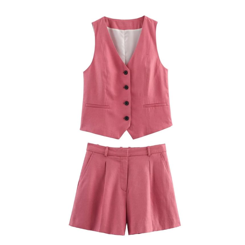 Cumulys - V-hals effen knoopvest / hoge taille jurk shorts