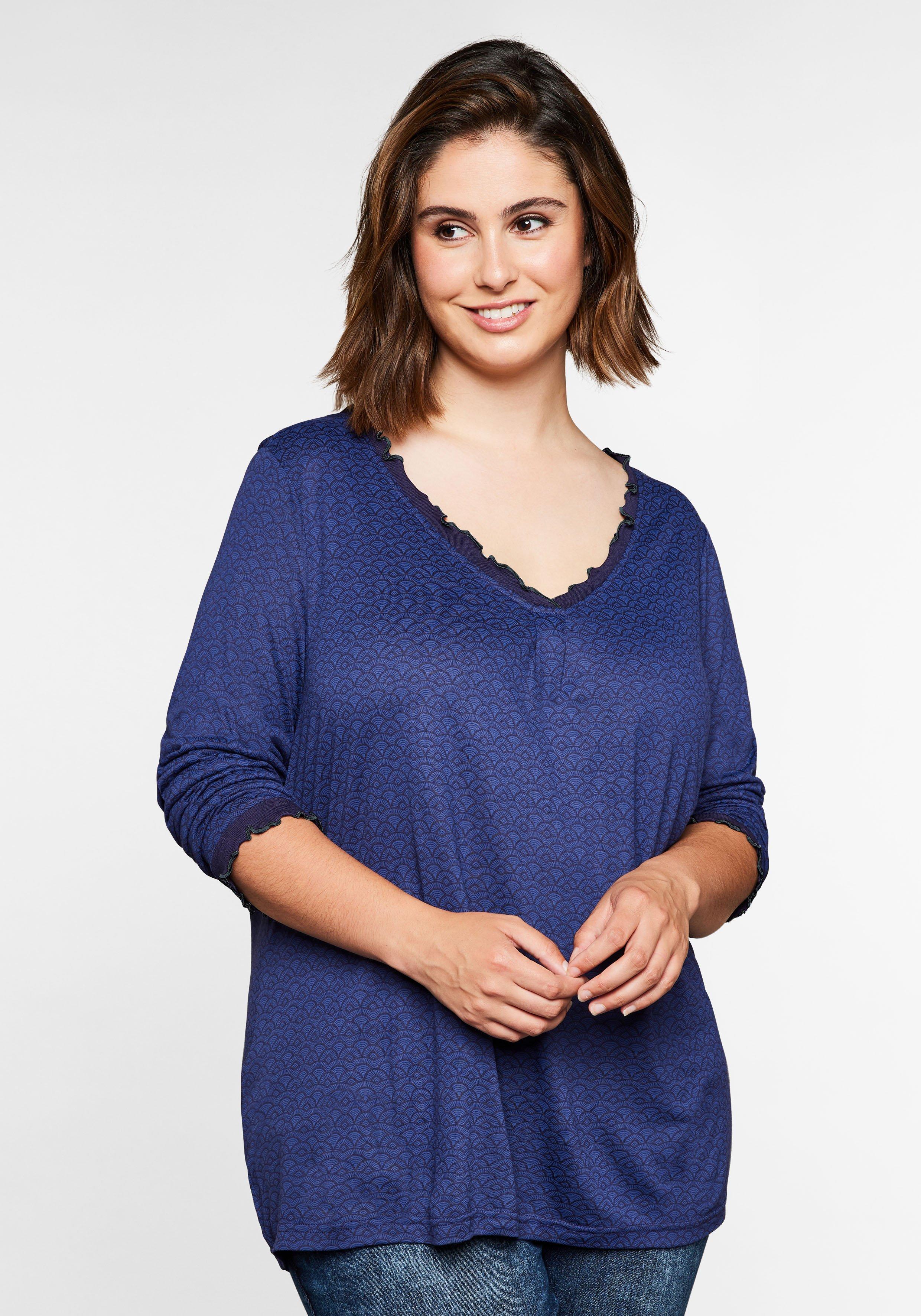 Langarmshirt mit Alloverdruck und Glanzgarn-Rüschen