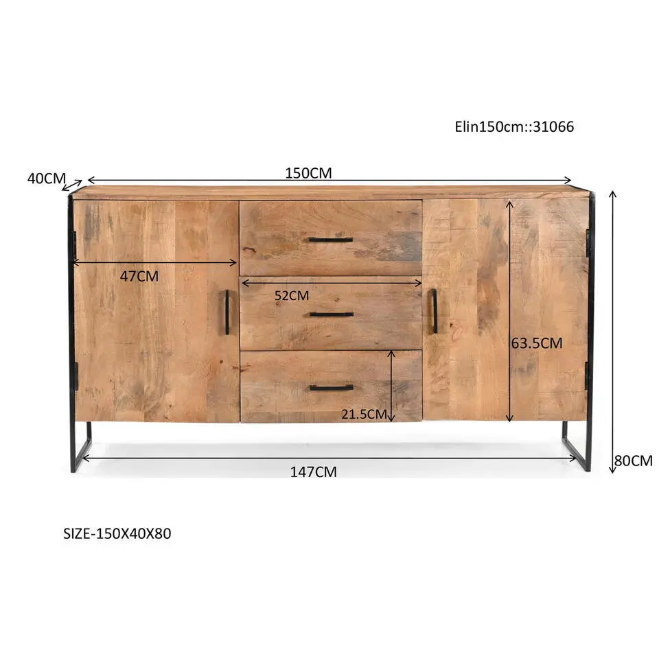 Dressoir Naturel Mangohout - Metaal - 150x40x80cm - Elin