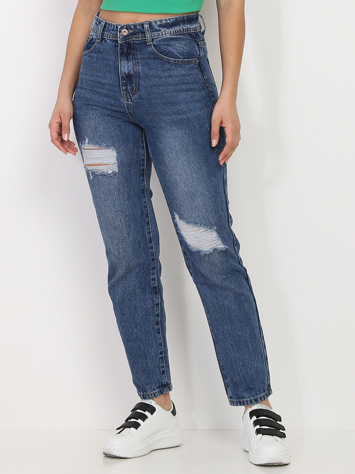 Jeans droit délavé et déchiré- Bleu