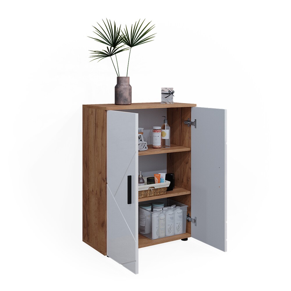 Vicco Badschrank Badezimmerkommode Badezimmermöbel Irma Eiche Weiß Hochglanz modern 60x81 cm Badezimmer Schrank Badmöbel 2 Türen 3 Fächer