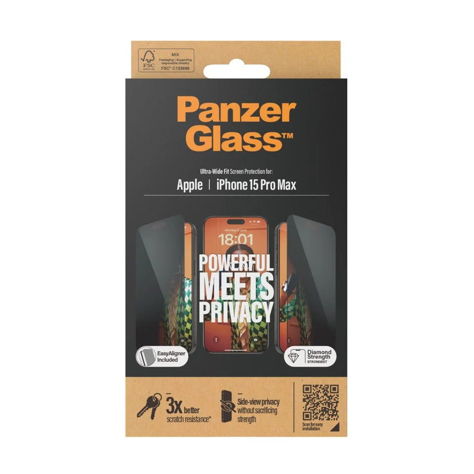 PanzerGlass™ - Privacy Skærmbeskyttelse iPhone 15 Pro Max - Ultra-Wide Fit m. EasyAligner