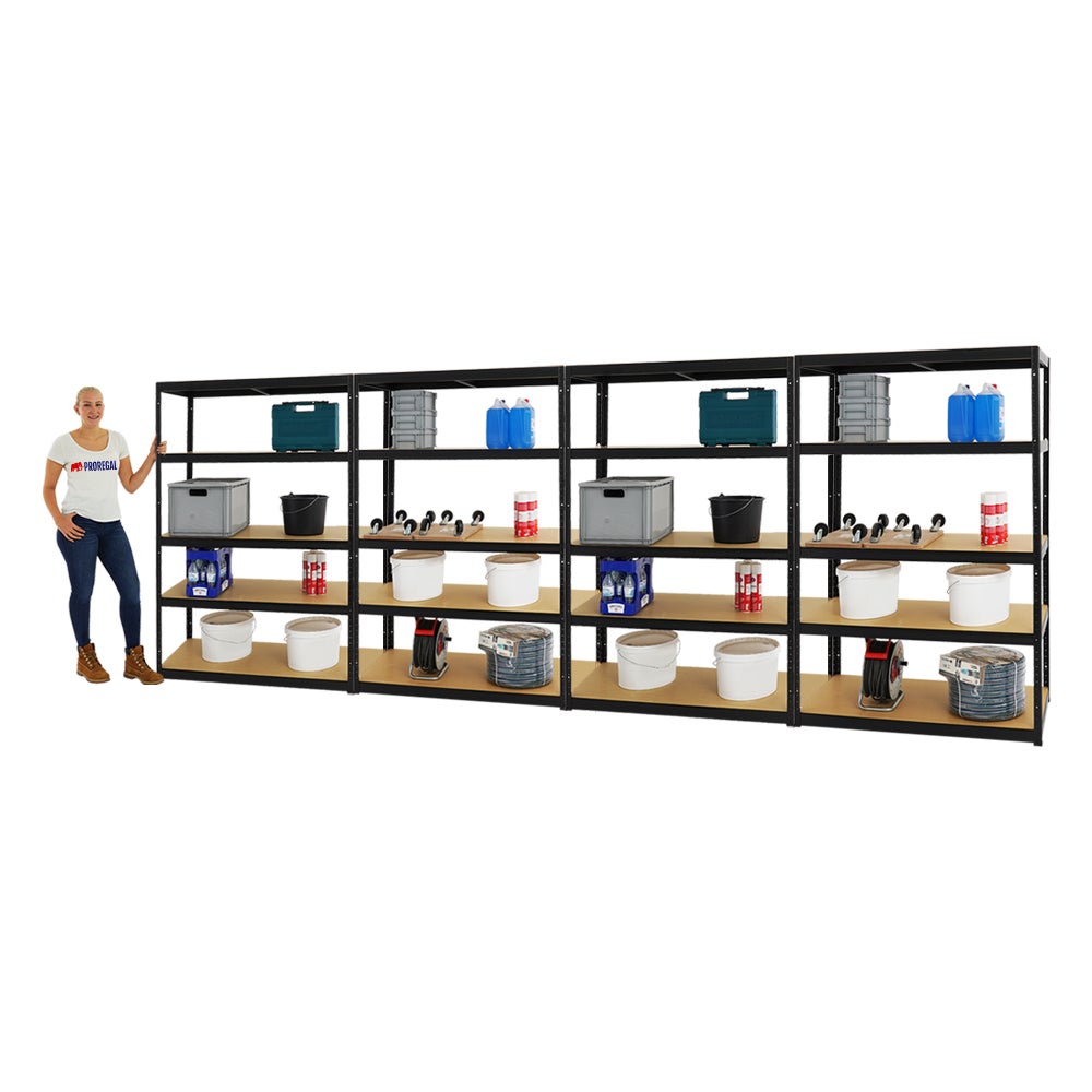 PROREGAL Mega Deal 4x Heavy-Duty Stellingkast Big Elephant M HxBxD 180 x 120 x 60 cm Plankbelasting 250 kg Zwart