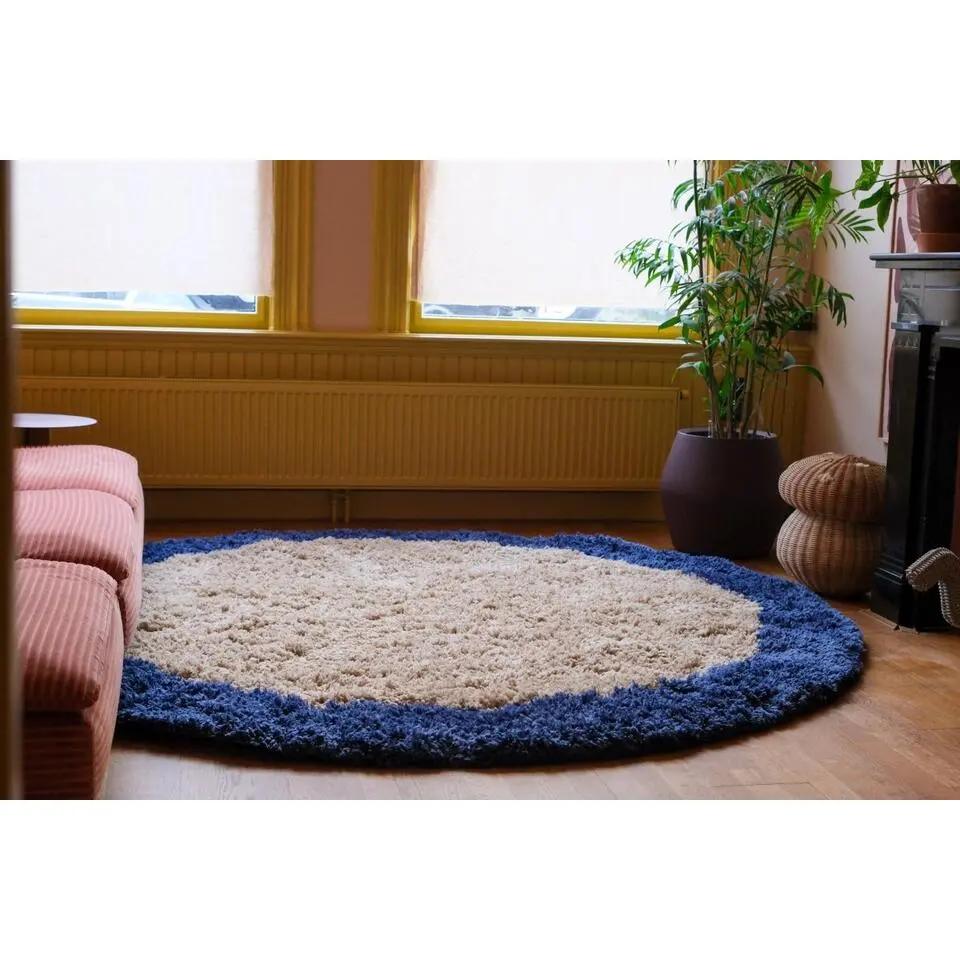 Interieur05 rond hoogpolig vloerkleed polyester Pilo beige/blauw - 160 x 160 cm