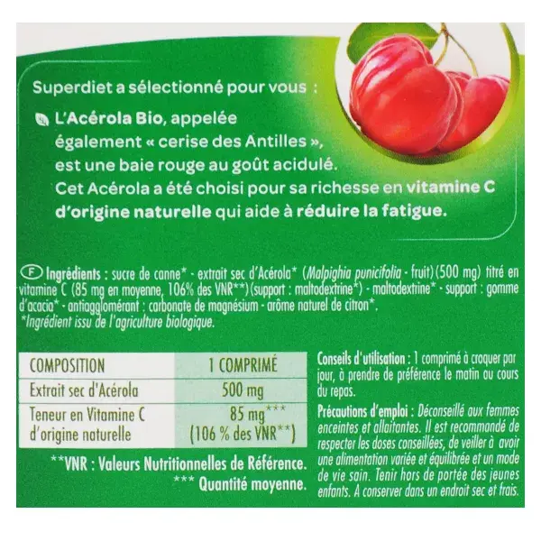 Superdiet Acerola 500 Orgânica - 12 Comprimidos Mastigáveis