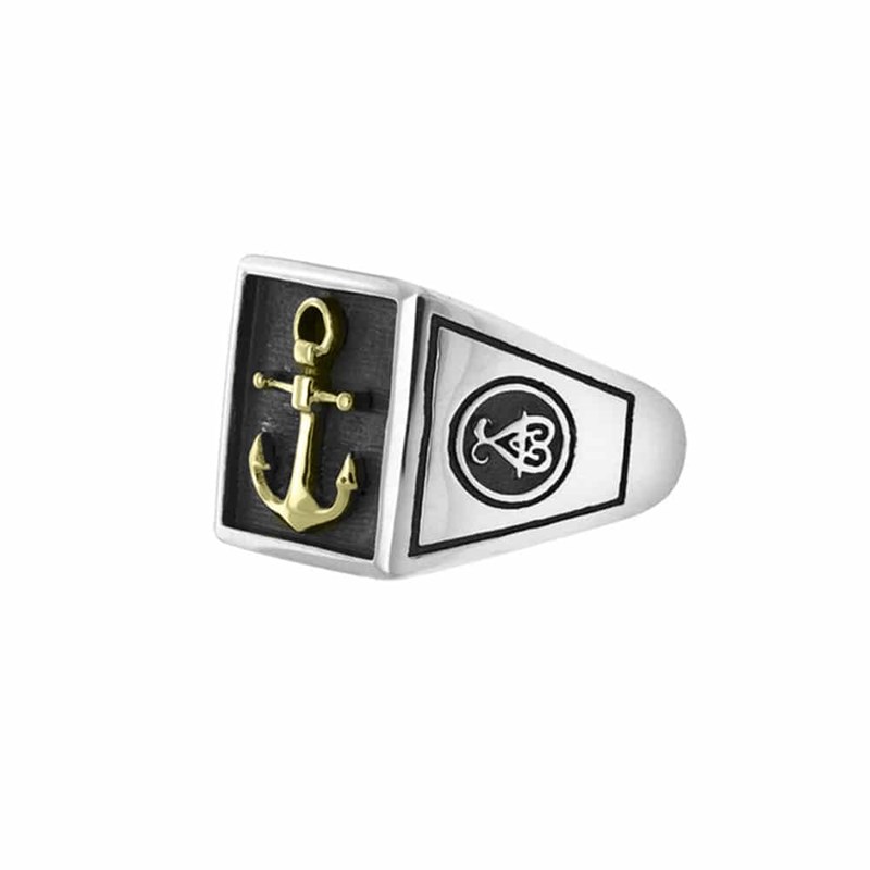 Chevalière Homme Argent Ancre Marine Doré Homme