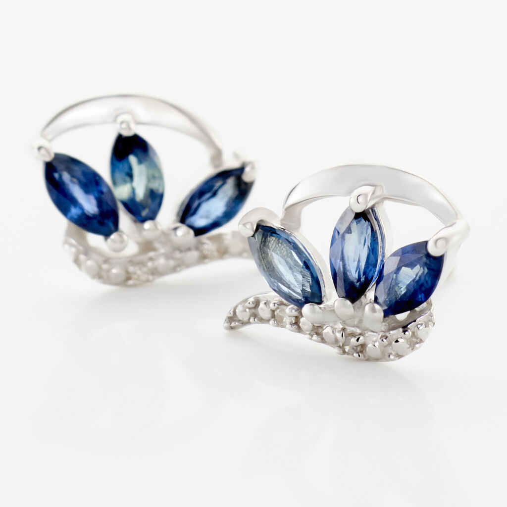 Boucles D'oreilles Puces Petale Or Blanc Saphir Et Diamant