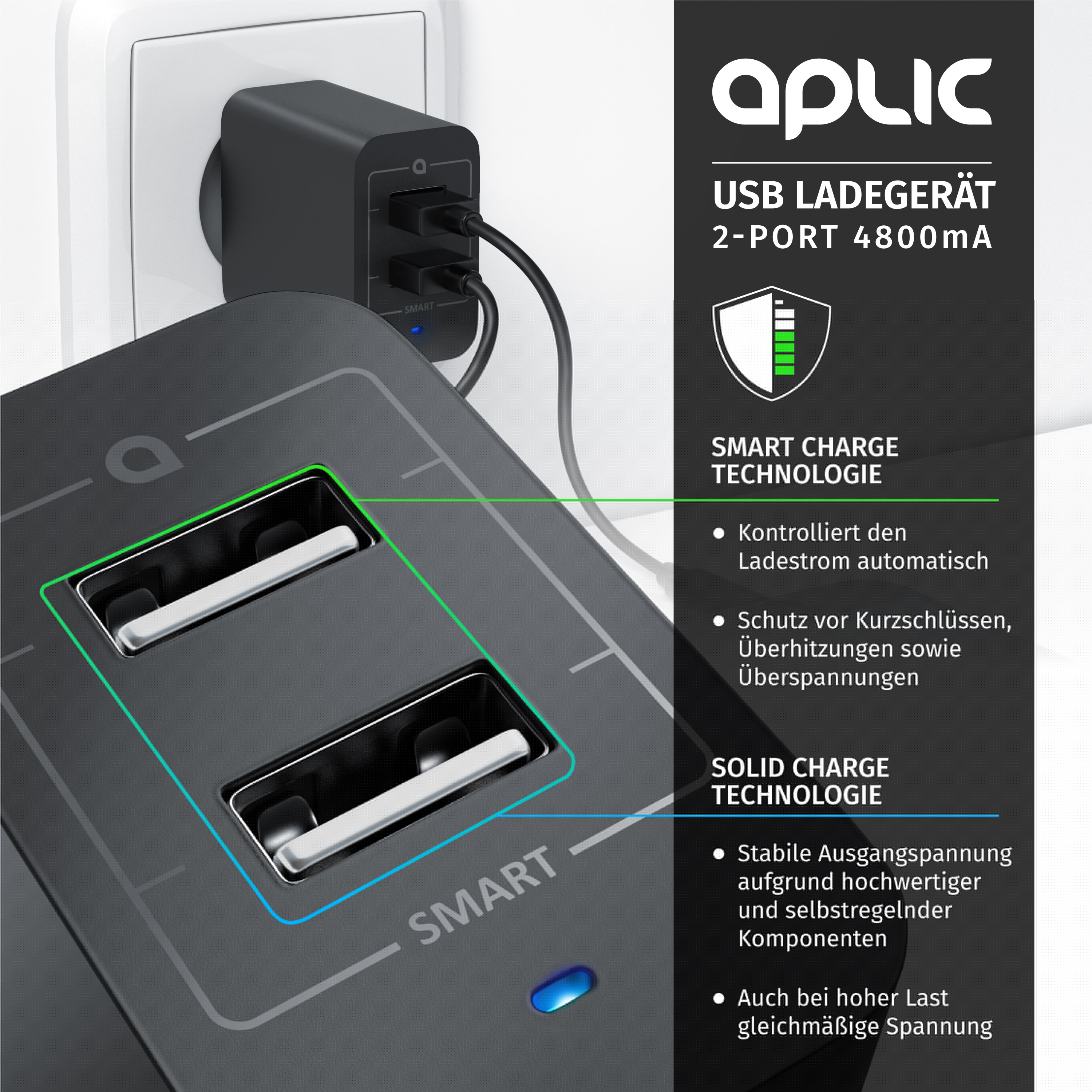Aplic USB-Ladegerät 4800 mA, 2-Port Netzteil für Handy/Smartphone/Tablet, 4800mA - 2400mA je Port