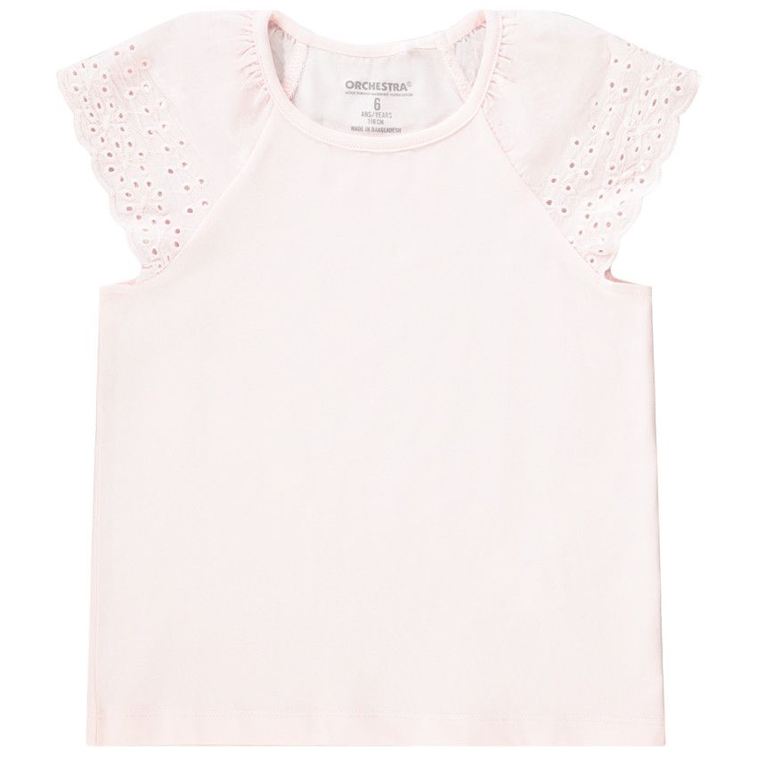 T-shirt manches courtes en broderie anglaise uni pour fille - Rose