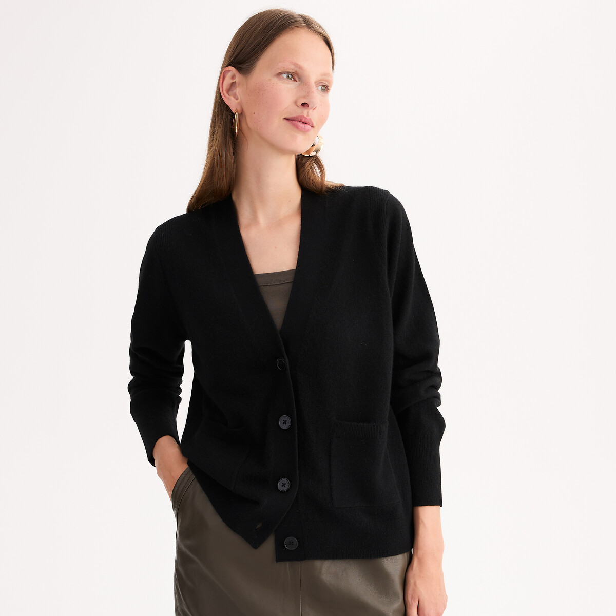 ANNE WEYBURN<br>Cardigã de cashmere com botões, decote em V, malha fina