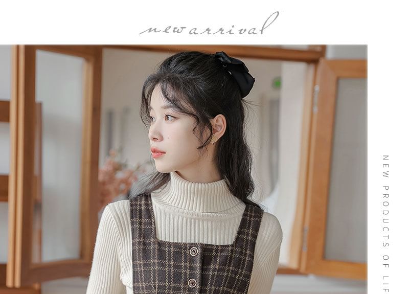 sansweet - Set: Mock Neck Plain Sweater + Plaid Overall Midi A-lijn Jurk