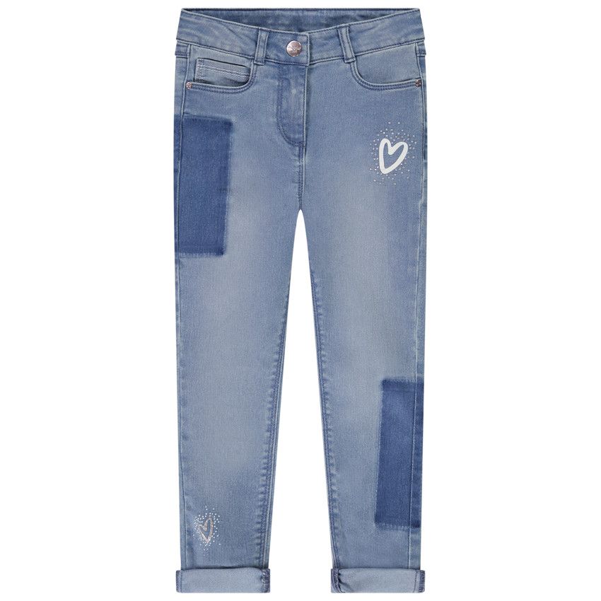 Jean slim en denim effet patchwork avec strass pour fille - Bleu