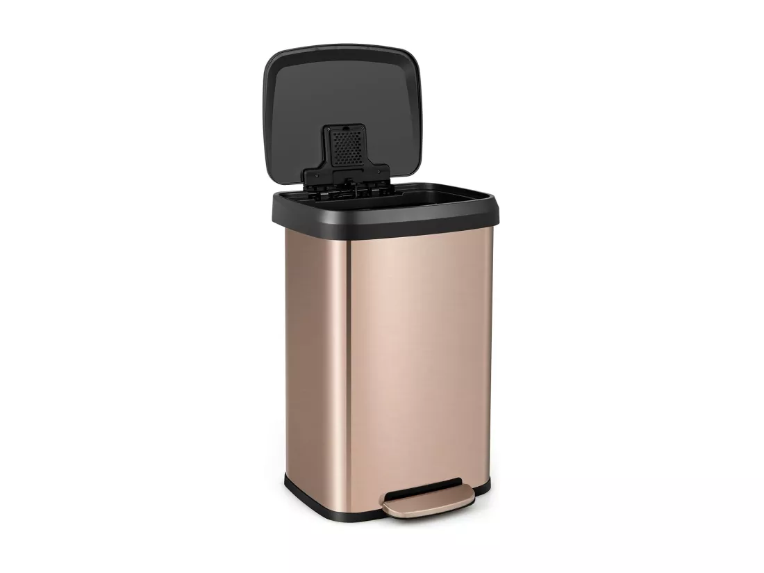 Poubelle Cuisine 50 Litres en Acier Métal, Poubelle Rectangulaire Pédale Amortisseur, Casier Désodorisant, Couvercle Fermeture Douce, Anti-Empreintes, pour Bureau, Salle de Bain (Or rose)