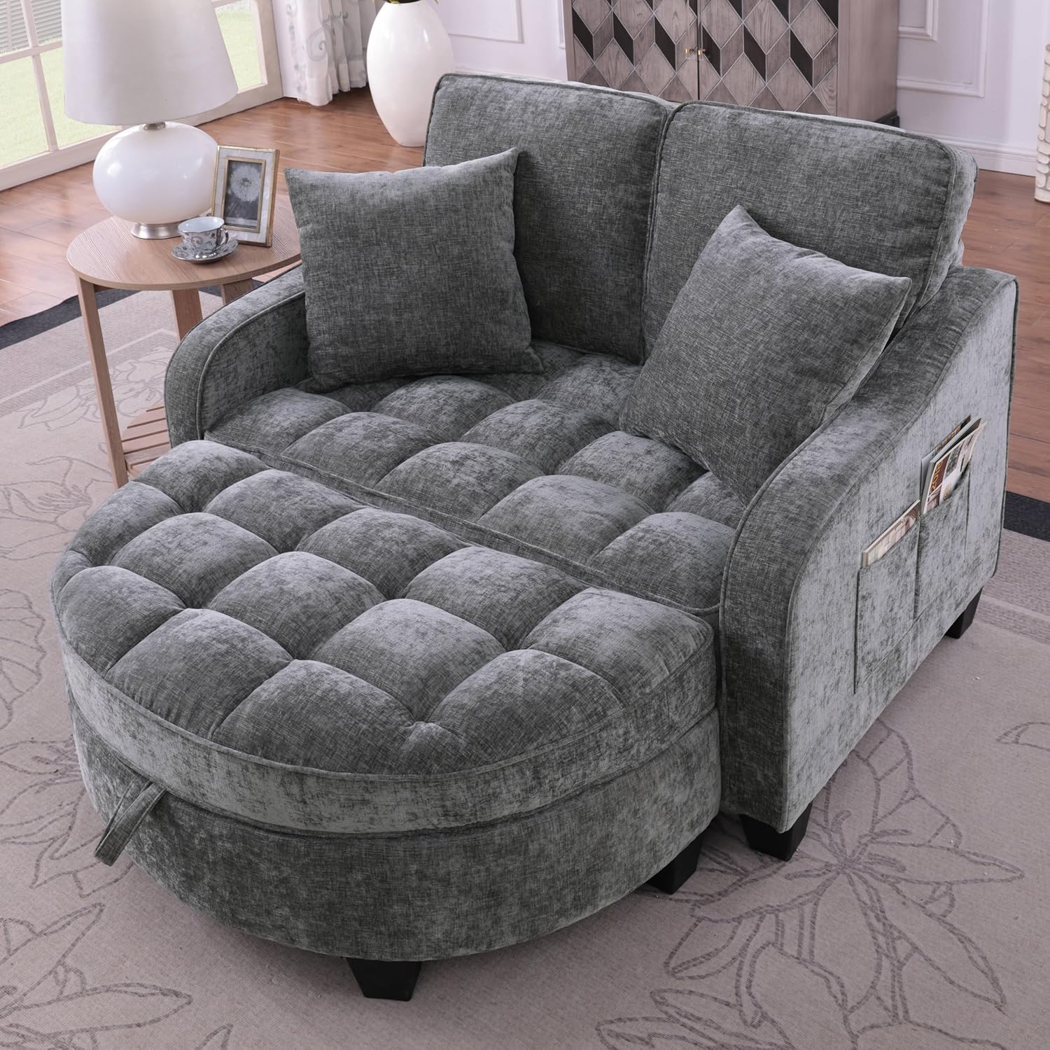 Sofa mit Schlaffunktion, 2-in-1 Schlafsofa, Modulares Sofa, Aufbewahrungs-Hocker & 4 Kisse, für Kleine Wohnzimmer, Studienzimmer, Schlafzimmer, 132×129×93cm (Dunkelgrau)