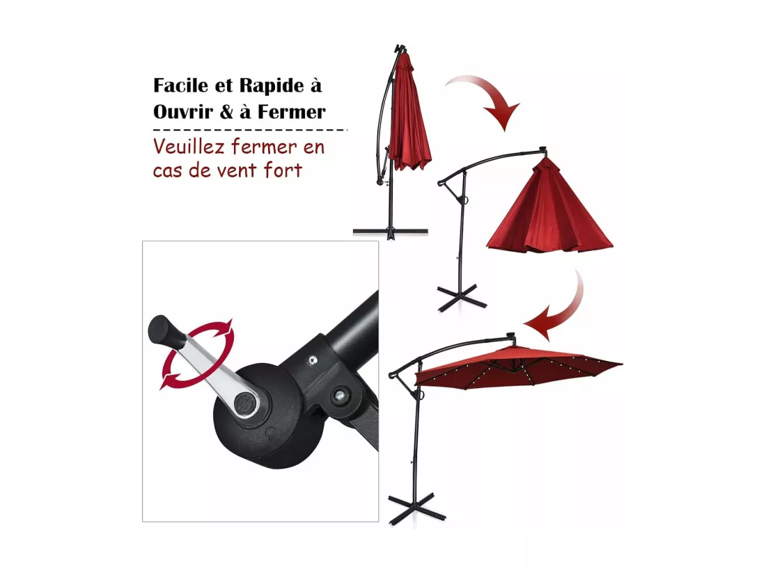 Parasol Déporté Exterieur Lumières LED Solaires 3M, Parasol de Marché à 8 Côtes en Aluminium, Réglages d'Inclinaison Rotation, Manivelle, Base Croisée, pour Jardin Terrasse Rouge